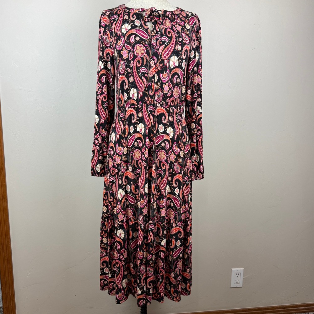 LOFT Midi Dress Women Medium Multi Color Paisley Tiered Keyhole Long Sleeve Boho